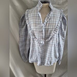 Plaid Ruffle-Trim Button Front Top - Light Blue